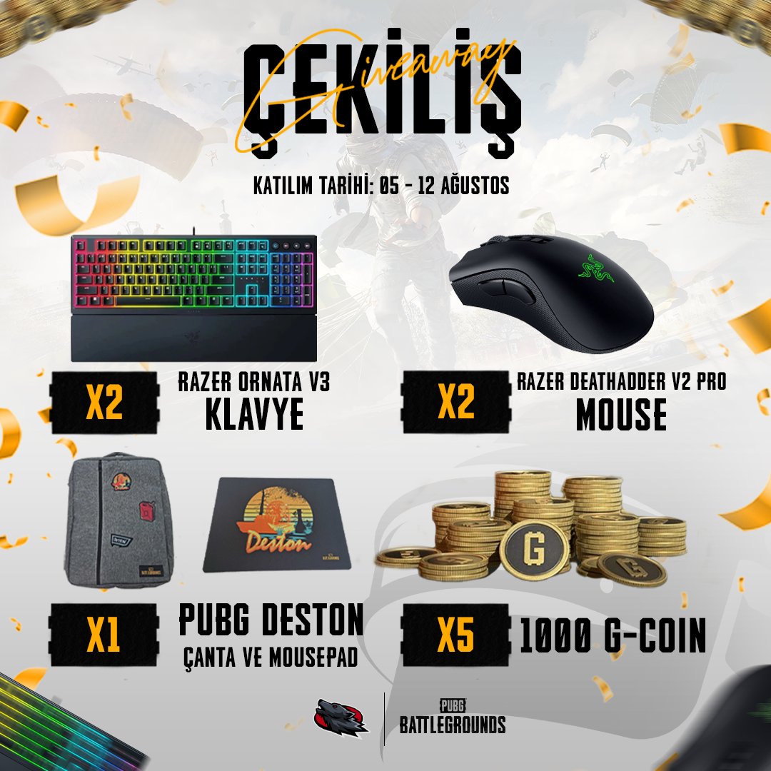 HOWL_Espor's tweet image. 1 Ay boyunca sürecek çekilişler başladı.
🎉PUBG Türkiye x HOWL Esports 🔥🎉

♦️ 5 Kişiye 1000 G-COIN
♦️ 2 Kişiye Razer Ornata V3 Klavye
♦️ 2 Kişiye Razer Deathadder V2 PRO Mouse
♦️ 1 Kişiye Özel PUBG DESTON Çanta ve Mousepad HEDİYE!

Çekilişe Katılmak için yapmanız gerekenler;
-…