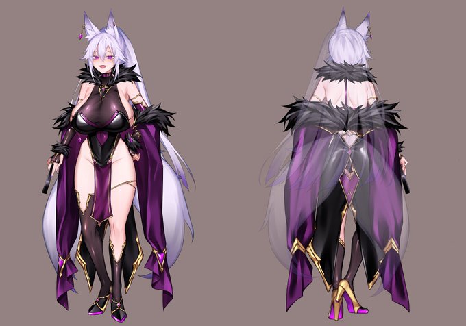 邪隷狐翠燐 
・正装(背面ポニテ・尻尾透過差分)
・外套なし差分(背面ポニテ・尻尾非表示)
・インナー差分(同上)

衣装は元の正装をベースに露出が増し、
体つきも女性らしさをさらに一層強調する扇情的な姿に。
要所に配された紫翡翠の宝石が妖しげに光る。

(2/3) 