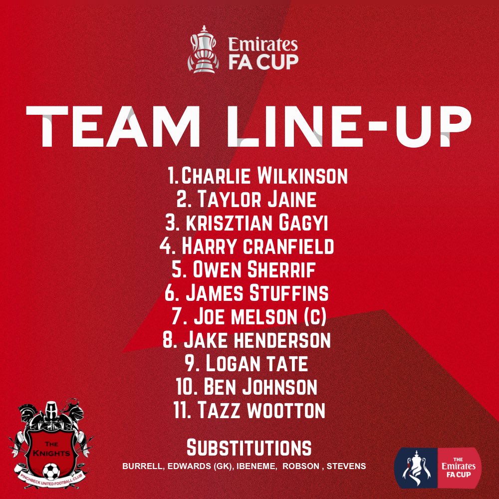 ⚫️🔴 YOUR KNIGHTS ⚫️🔴

Knights Team Line up! 
@MainMaltby VS <a href="/PinchbeckUnited/">Pinchbeck United Football Club</a> 
<a href="/EmiratesFACup/">Emirates FA Cup</a>