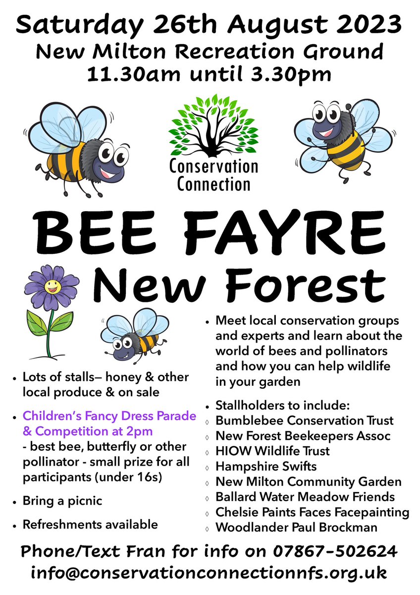 ConservationNFS's tweet image. Put Saturday 26th August in your diary! #NewForestBeeFayre 🐝 Children’s art &amp;amp; fancy dress competitions + meet lots of #NewForest conservation organisations and volunteers. Refreshments available. More details of the Bee Fayre here: conservationconnectionnfs.org.uk