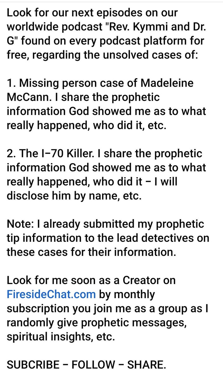 #I-70killer #MadeleineMcCann #MADELEINE #Unsolved #serialkiller #Prophetic #propheticministry #firesidechat #propheticpodcast