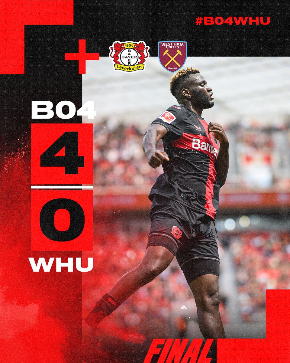 bayer04_en's tweet photo. 𝗙𝘂𝗹𝗹 𝗧𝗶𝗺𝗲⏸️

Are we Massive now, @WestHam? 

90’ | 4-0 | #B04WHU | #Bayer04 https://t.co/OZriguSRzH