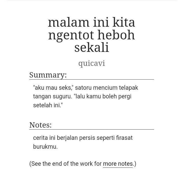 malam ini kita ngentot heboh sekali

—satosugu 🔞 please do READ the tags carefully. proceed with caution.

🔗archiveofourown.org/works/49127266