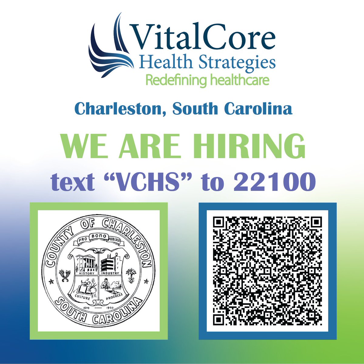 VitalCoreHS's tweet photo. We are partnering with the County of Charleston, SC and want you to join our team!
Try our new Text to Apply feature and see what positions we have available!  Text "VCHS" to 22100 and search "Charleston".
https://t.co/ythdo5zPwQ
#vitalcorehealthstrategies #redefininghealthcare https://t.co/xUkrI7hFxx