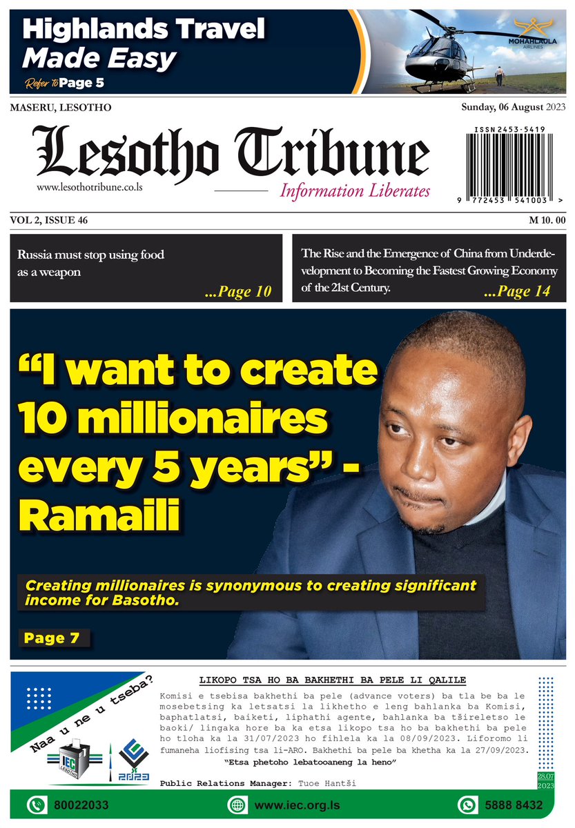 LesothoTribune's tweet image. Sunday 06 August 2023 publication. Subscribe now to get your digital copy for FREE on WhatsApp 56365968
#lstwitter
#basotho