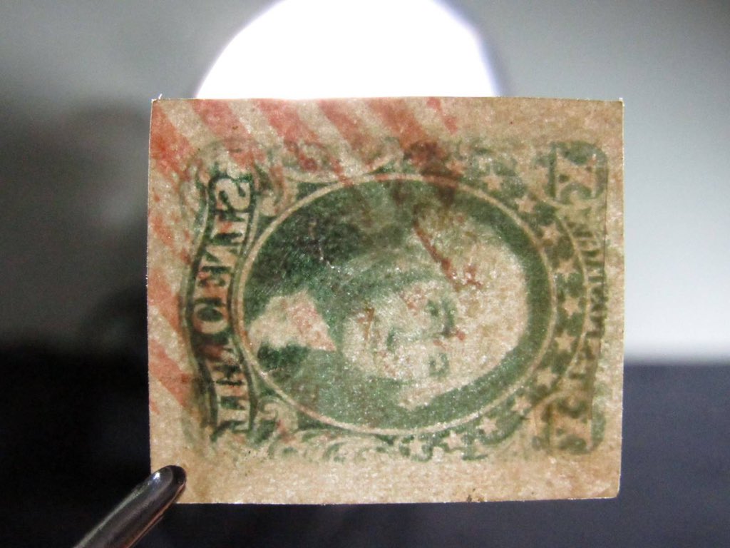 NobleSpiritLLC's tweet photo. Ever wondered what you should be using to detect flaws? Soon we'll be uploading a short video comparing and contrasting flaw detection on this stamp, using Clarity Watermark Fluid and Lighter Fluid. Can you guess what the flaw is before this stamp is dipped? https://t.co/rclbnxFsSg
