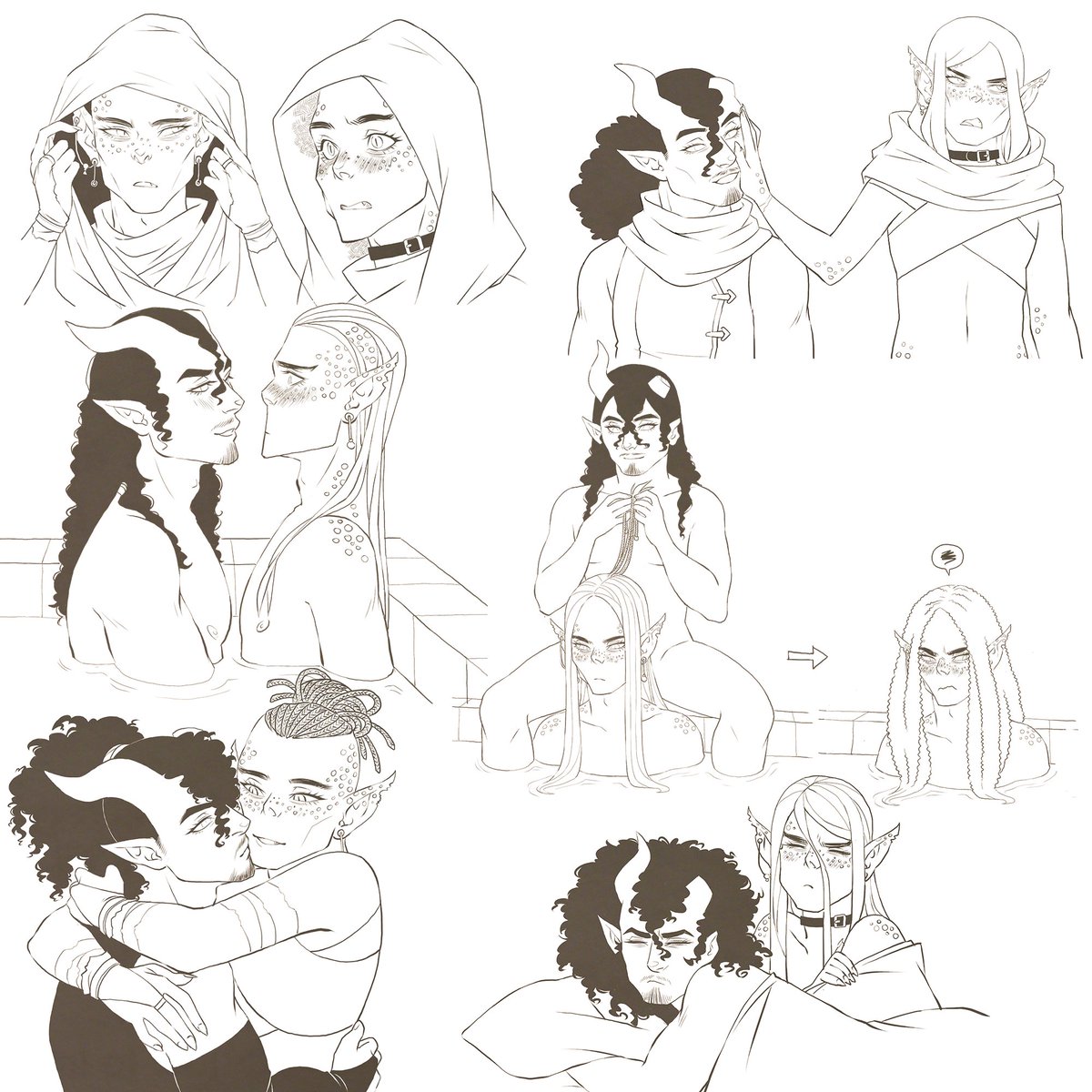 Aecath art dump! (Aecath is my githyanki fighter, the curly-haired tiefling is <a href="/erlij/">رَ</a>'s character Malchar, the red tiefling is my Twine.) #DnDcharacter 
(The third picture is a lot of cropped spicy art you can find uncropped in my adult account <a href="/kromiafterdark/">Kromi</a>)
1/2