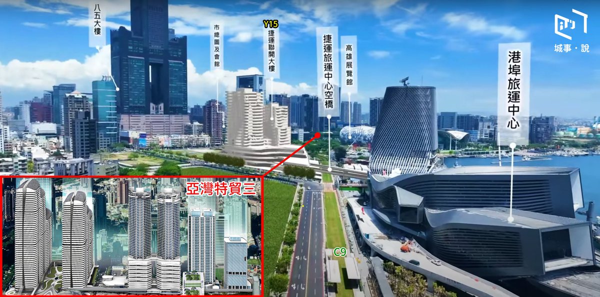 carymonkey's tweet photo. 【#高雄亞灣特貿三空橋系統串聯至高雄港】
根據高雄市政府規劃的立體空橋系統，人行���道將從特貿三開始，一路串聯至高雄港，其中南基地-南(智匯方舟)會預留天橋銜接至高雄輕軌C7站，南基地-北(星紀元)會預留天橋銜接至高雄展覽館，北基地(興富發)的人行空橋會跨越成功路串聯至新光公園，並銜接至高雄 https://t.co/vdyATEVzhe
