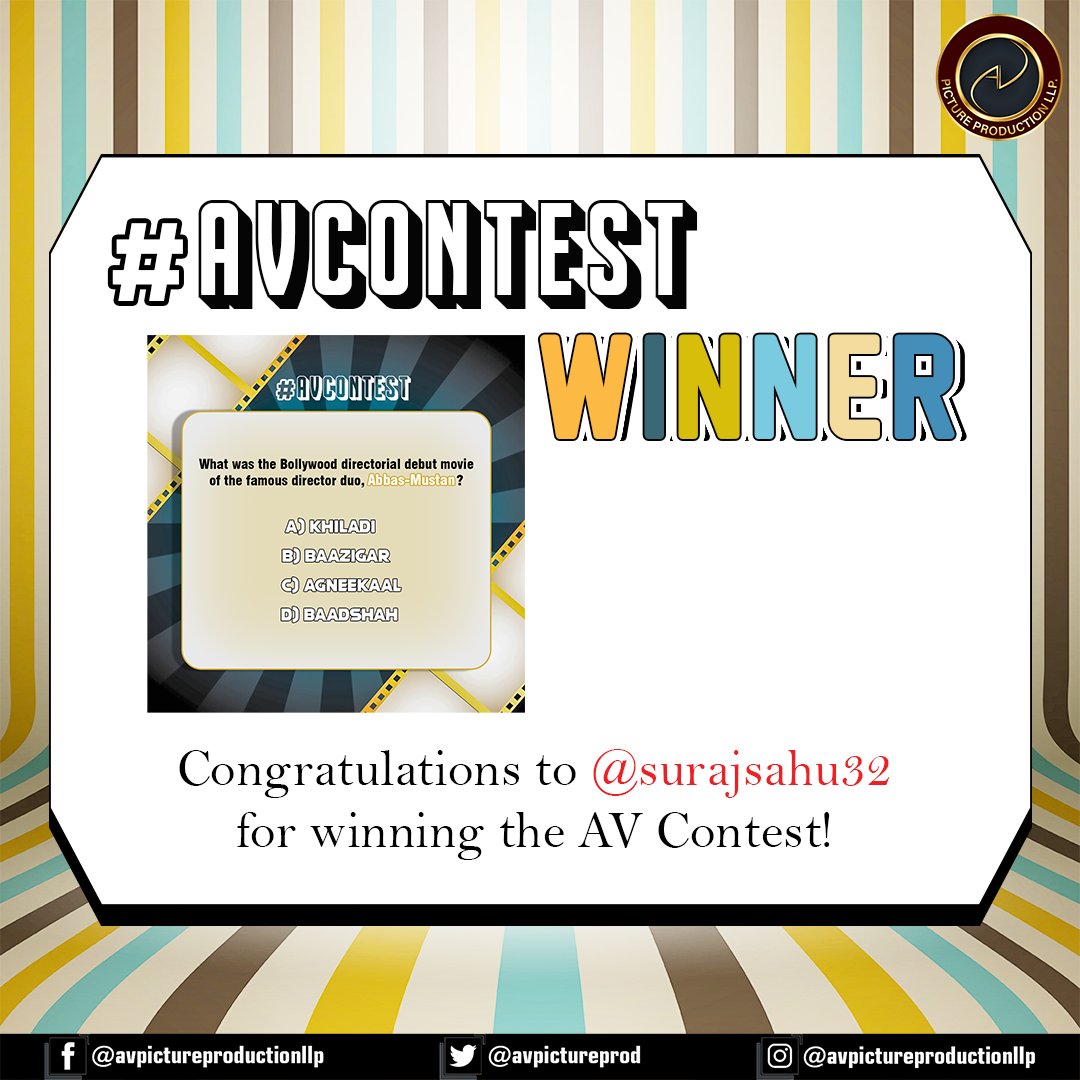 Avpictureprod's tweet photo. Here we have the WINNER for #avcontest, Congratulation @surajsahu32   , please dm us your address. Thank you to everyone who participated &amp; made it more fun.

Stay Tuned !!
Instagram- https://t.co/AfivAspknj
YouTube - https://t.co/JhS2Sm3pqd
Facebook - https://t.co/kkLaaubx0v https://t.co/7ON9bfWV7G