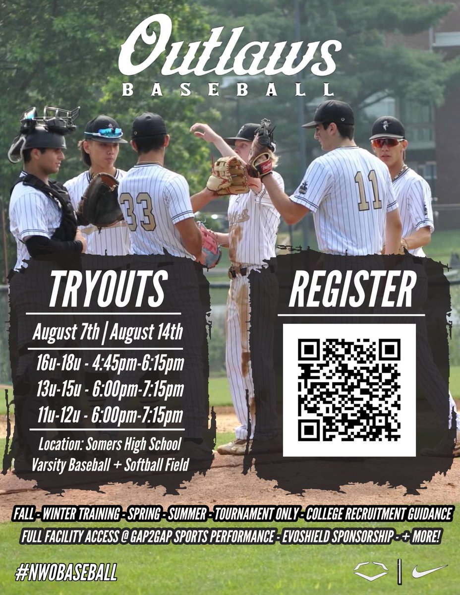 NWO_Baseball's tweet photo. The Northern Westchester Outlaws Baseball Program will be holding Tryouts on August 7th and 14th at Somers High School this upcoming week! Scan the QR Code to register or visit the link below!

Link: https://t.co/LBzNwFoNVS https://t.co/bMlObqMfWh