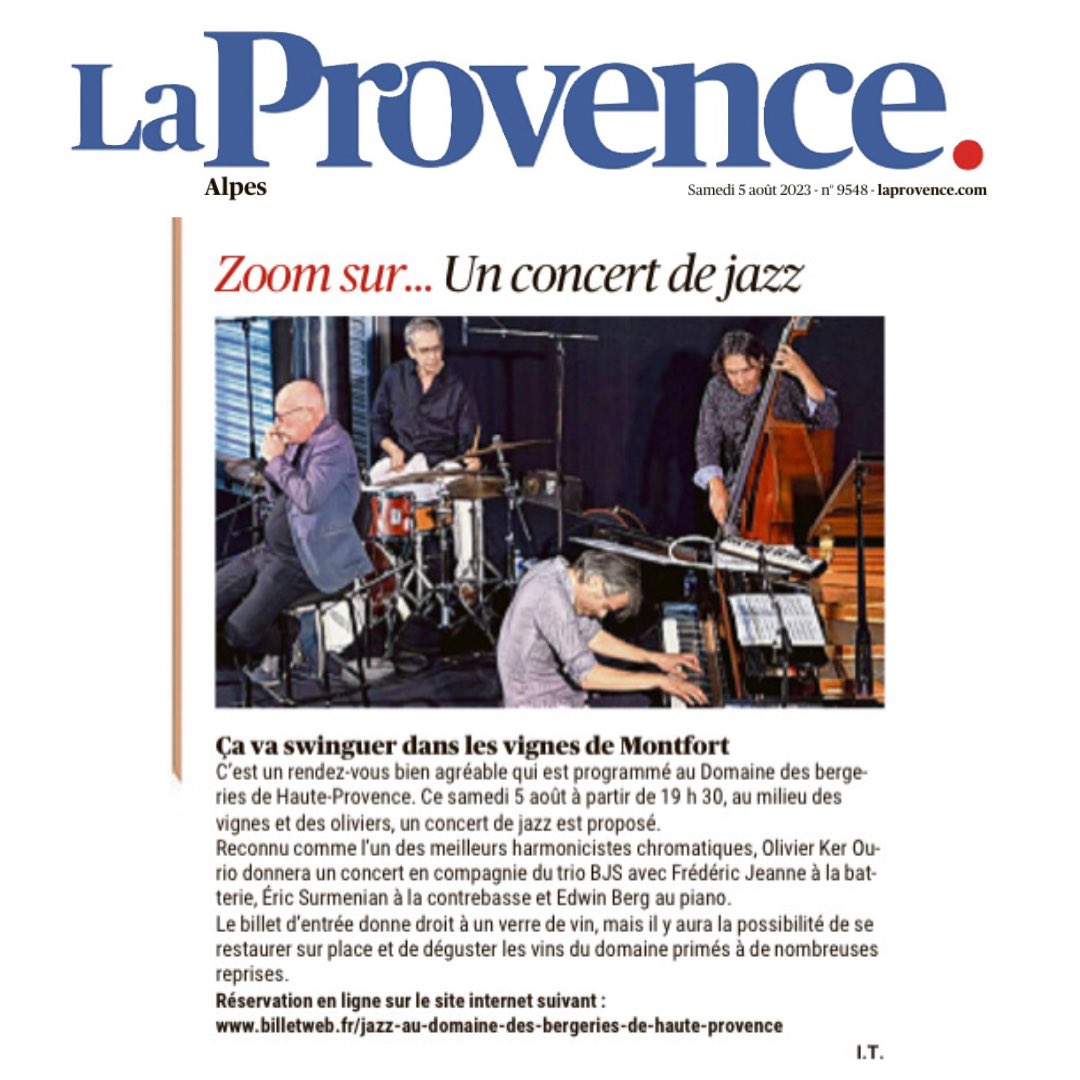 DomaineBergerie's tweet photo. Ce soir, concert de jazz au domaine à guichet fermé ! 🎶🎷🎶

#jazz #concertjazz #concert #olivierkerourio #bjs @LaProvenceAlpes https://t.co/pQpDKV6DqS