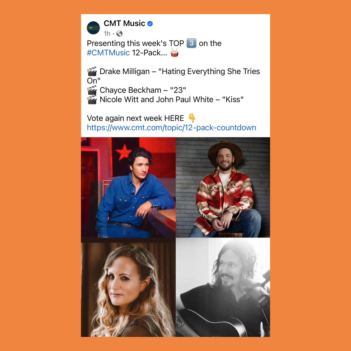 Thanks to everybody that voted Kiss w/ <a href="/johnpaulwhite/">John Paul White</a> into the #3 spot on @cmt 12 Pack Countdown for the second week in a row!! 🥳🫶🏻

Vote for next week here 👉🏻 cmt.com/promos/dghdu7?…