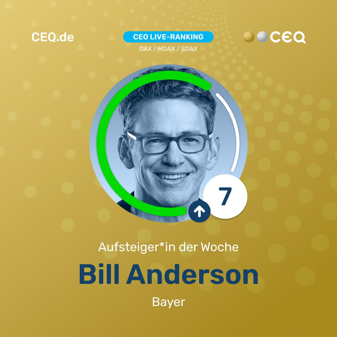 CEQ präsentiert den Aufsteiger der Woche aller DAX/MDAX/SDAX CEOs im CEO Live-Ranking (Stand: 4. August 2023). Wir gratulieren Bill Anderson von Bayer. Er schafft den Sprung in die Top 10. 🏆