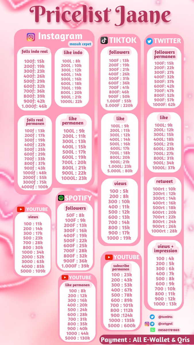 tumb4s's tweet photo. jual followers, like, retweet, views, subscribe, dll. Instagram, TikTok, Twitter, Spotify, YouTube, Facebook, Pinterest, Shopee, Telegram, threads, LIKE Apk
 order bisa kesini ya:
https://t.co/soyFv0yHpK
ig/tele @cutypul
testi: https://t.co/7qV69OFOJX

#zonauang https://t.co/PaOE296NFV