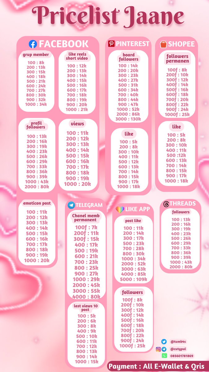 tumb4s's tweet photo. jual followers, like, retweet, views, subscribe, dll. Instagram, TikTok, Twitter, Spotify, YouTube, Facebook, Pinterest, Shopee, Telegram, threads, LIKE Apk
 order bisa kesini ya:
https://t.co/soyFv0yHpK
ig/tele @cutypul
testi: https://t.co/7qV69OFOJX

#zonauang https://t.co/PaOE296NFV