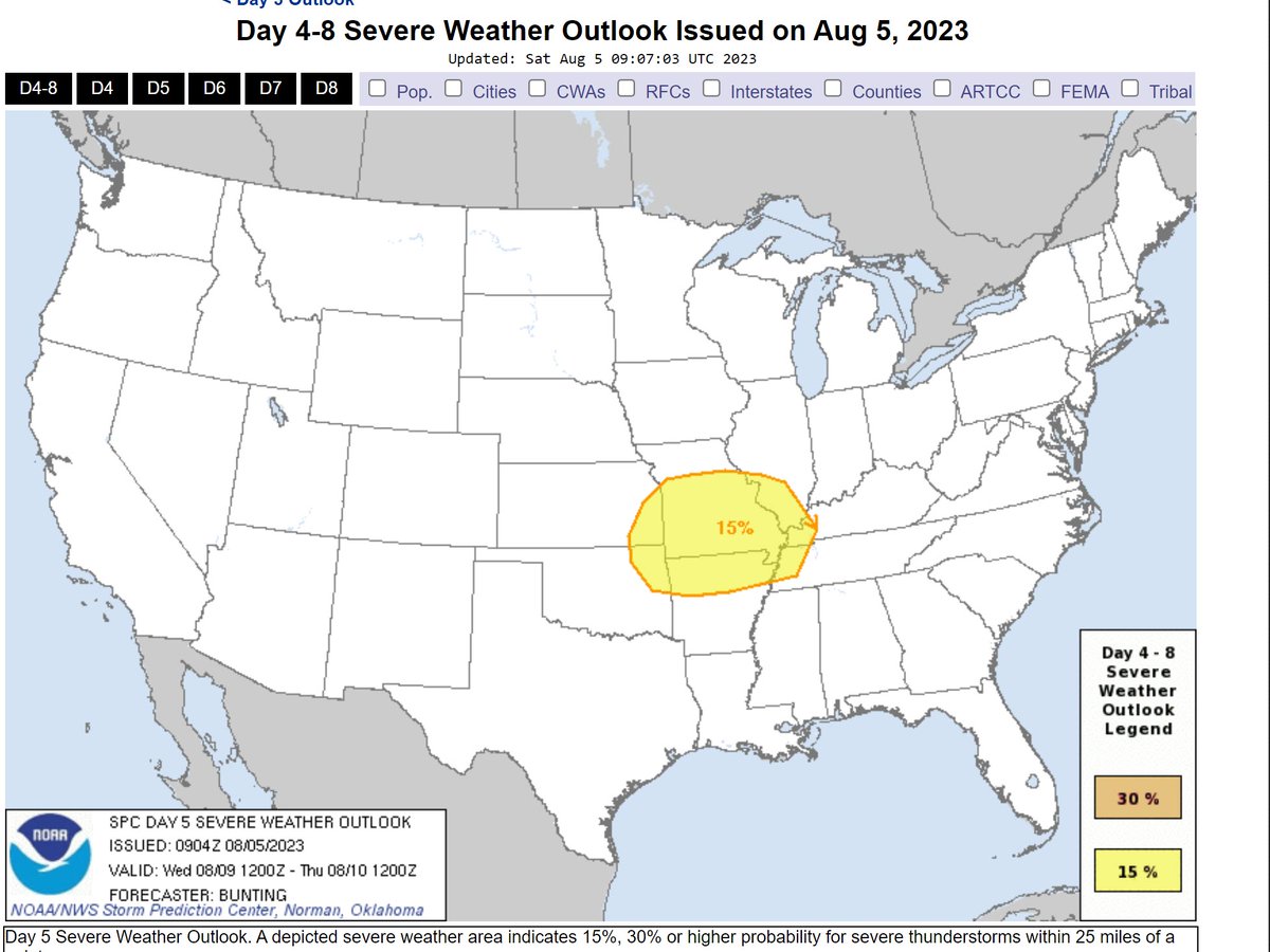 BeauDodson's tweet photo. #NWSSPC #Stormy #Floods August 5, 2023 A day 5 severe weather outlook in August? Checks notes. Oh, it is 2023. That totally checks out for this years weather pattern. https://t.co/1Cjyq7YzZj