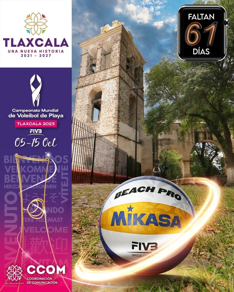 ¡Estamos a 61 días del Campeonato Mundial de Voleibol de Playa, #Tlaxcala 2023‼️#cmvpt2023🟣

Del 5 al 15 de octubre, disfruta de 216 partidos donde 192 atletas de 38 países competirán en tierras tlaxcaltecas por su boleto a los Juegos Olímpicos #Paris2024.

🌐Visita la página