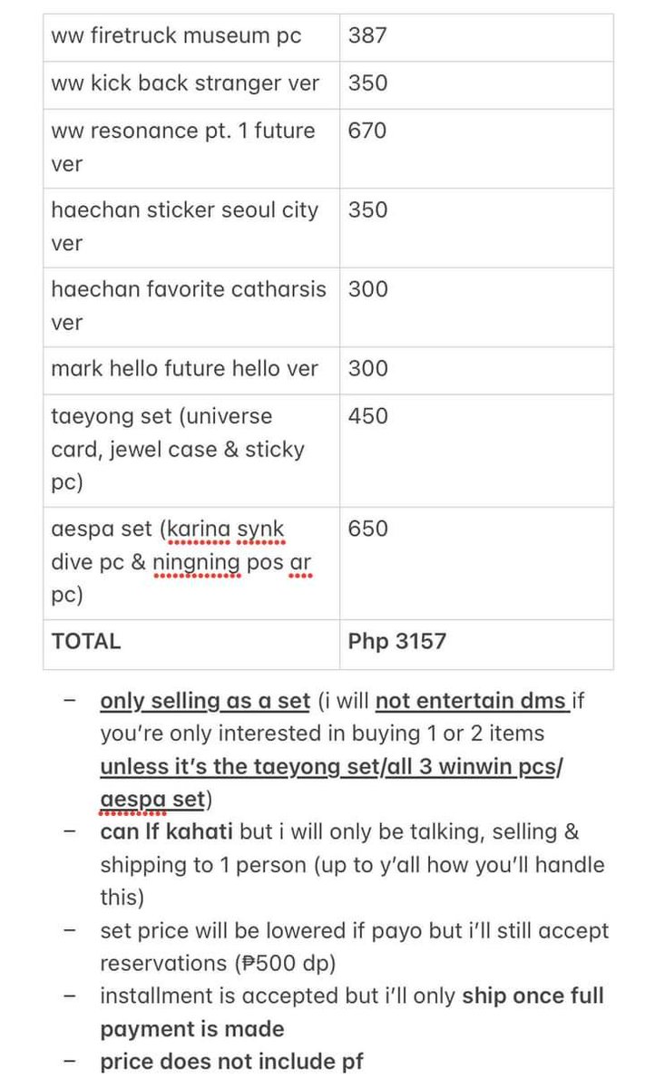 dreamcollectz's tweet photo. wts lfb nct wayv aespa ph

♥︎ nct, wayv &amp; aespa set
       ╰ check pics for full details
       ╰ ₱3157

𖥻 nct u 127 dream wayv aespa set universe sticker favorite hello future kick back firetruck resonance pt. 1 savage taeyong winwin mark lee haechan karina ningning https://t.co/VZalk0UGbK