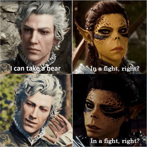 DmEducational's tweet photo. Enough of horny bards, we now have horny #druids?
#Bear #BaldursGate3 #BG3 #Wildshape
#DnD #Meme #Funny #SomethingfortheWeekend https://t.co/lCxlDgw2st
