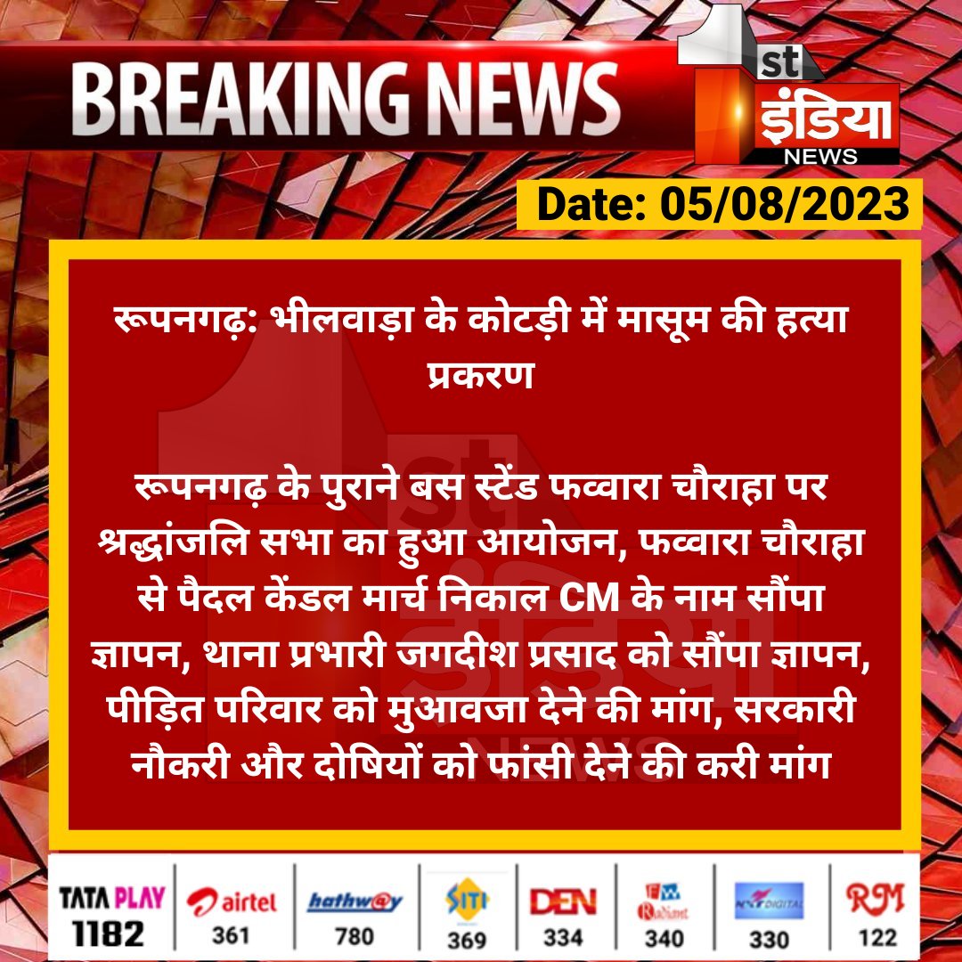 1stIndiaNews's tweet photo. #Ajmer #रूपनगढ़: भीलवाड़ा के कोटड़ी में मासूम की हत्या प्रकरण

रूपनगढ़ के पुराने बस स्टेंड फव्वारा चौराहा पर श्रद्धांजलि सभा का हुआ आयोजन, फव्वारा चौराहा से पैदल केंडल मार्च निकाल...

#RajasthanWithFirstIndia #AjmerNews @AjmerpoliceR https://t.co/wfVUsyGat6