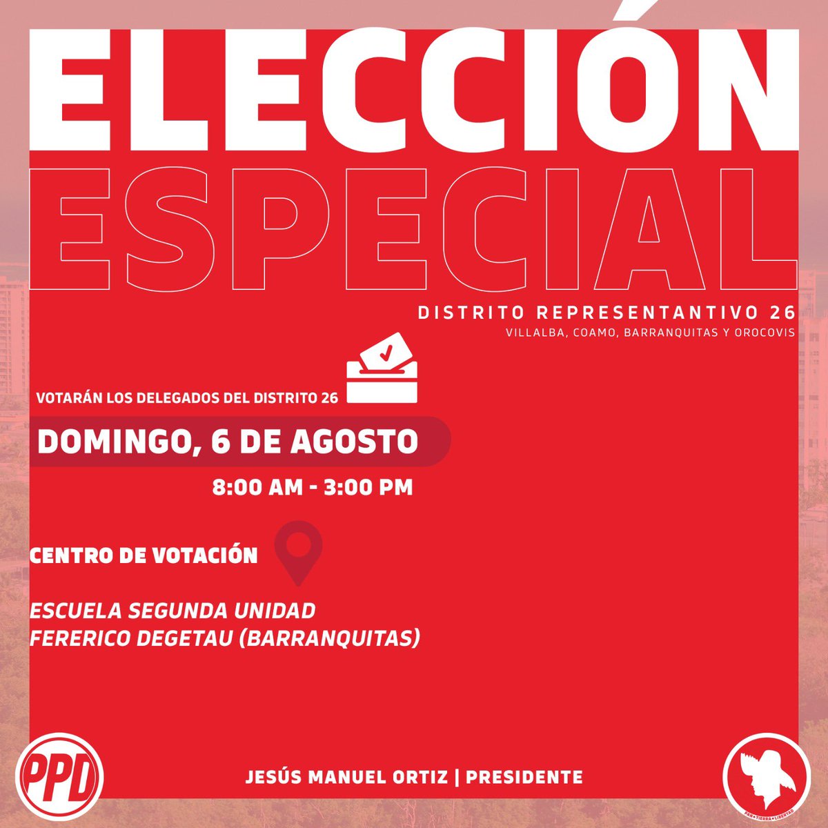 ppdpr's tweet photo. 🗳️ MAÑANA | Todo listo para la elección especial para elegir quien será nuestro próximo representante por el Distrito 26.  ¡Delegado popular, sal a votar! https://t.co/TdjPZk1WM6