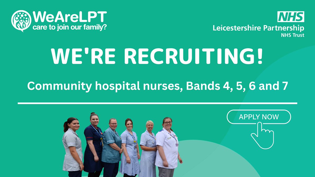 Our community hospital inpatient wards are expanding. 

We have the following vacancies at Rutland Memorial Hospital: staff nurse (Band 5), and nursing associate (Band 4).

👉 leicspart.nhs.uk/jobs/what-we-o…

#NHSjobs