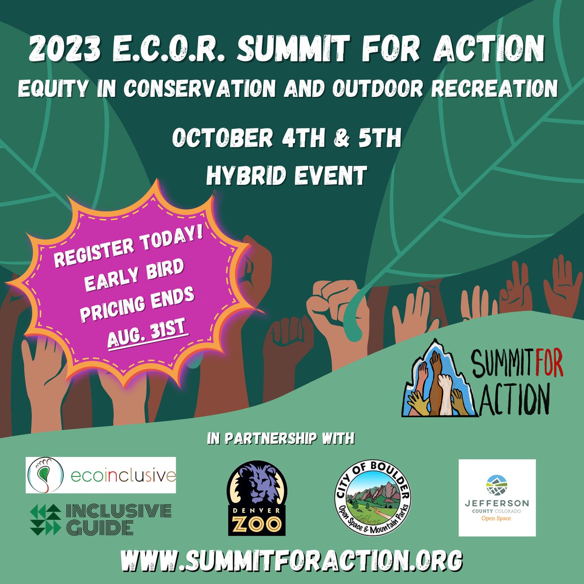 Join us for the 2023 E.C.O.R. Summit for Action! This year's event brings together various stakeholders to inspire action in addressing the impacts of conservation and recreation on food, water, and public health. Early Bird pricing ends August 31st, so register today!