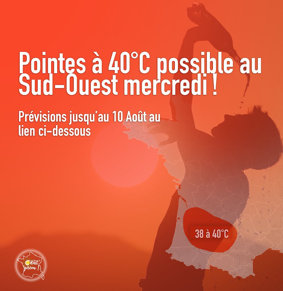 Temps_Dance_'s tweet photo. 📈🔥 On s’attend à un mercredi brûlant sur le Sud-Ouest avec des pointes proches de 40°C. Retrouvez les prévisions jusqu’au 10 Août ➡️ https://t.co/jtdZhlm5UV 

#aesparty_in_TokyoDome #BBNaija https://t.co/cElzA7KVMd