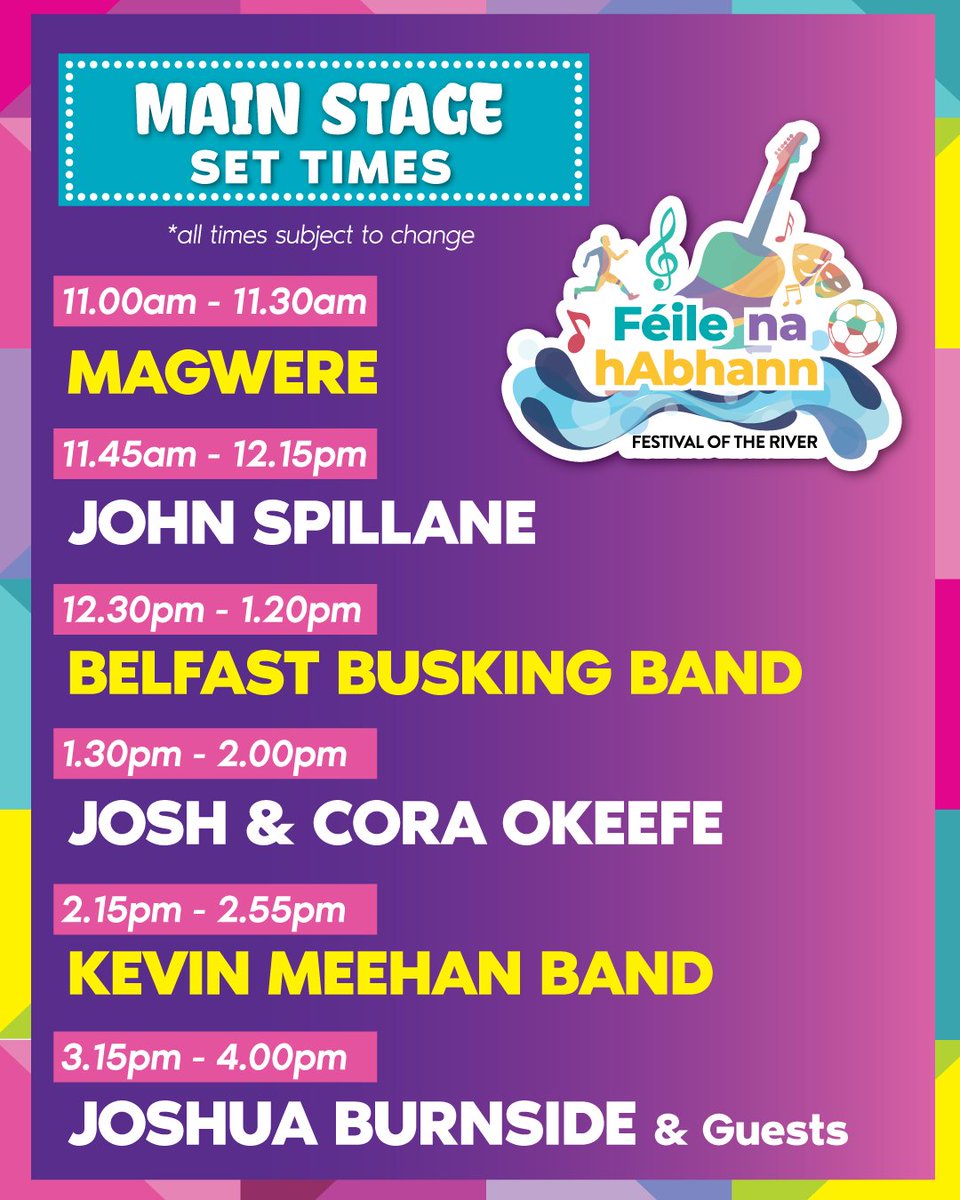 Just Announced 🎉 Stage Times Be sure to catch as many acts as you can at tomorrow’s @feilenahabhann Main Stage, as well as superb performers in our acoustic tent & brilliant buskers all along the walkway in between sets…it’s a musical feast!