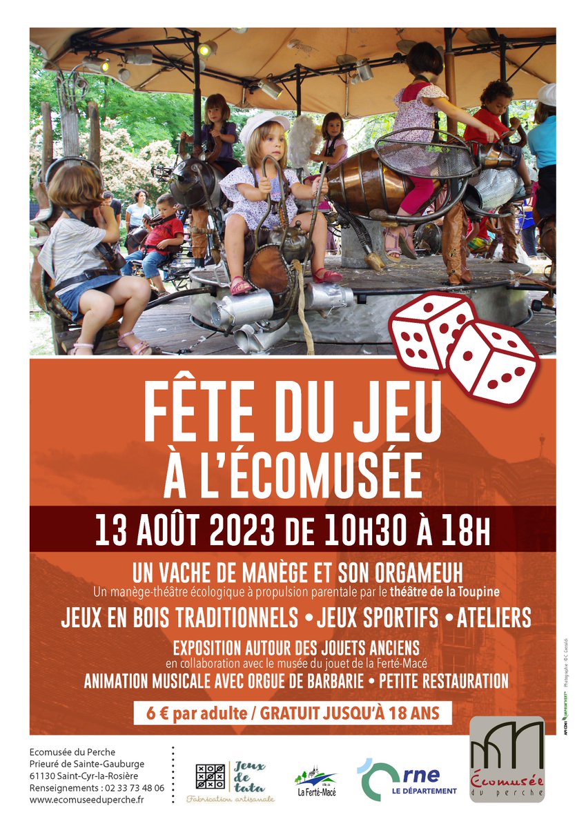 EcomuseduPerche's tweet photo. Cette année encore l'Ecomusée du Perche vous donne rendez-vous le dimanche 13 août pour sa traditionnelle Fête du jeu ! 🎠

📅 Dimanche 13 août 
⌚10h30 - 18h
📍Ecomusée du Perche 
➕ Adulte : 6€ - Enfant : GRATUIT https://t.co/TynzMoG9Qa