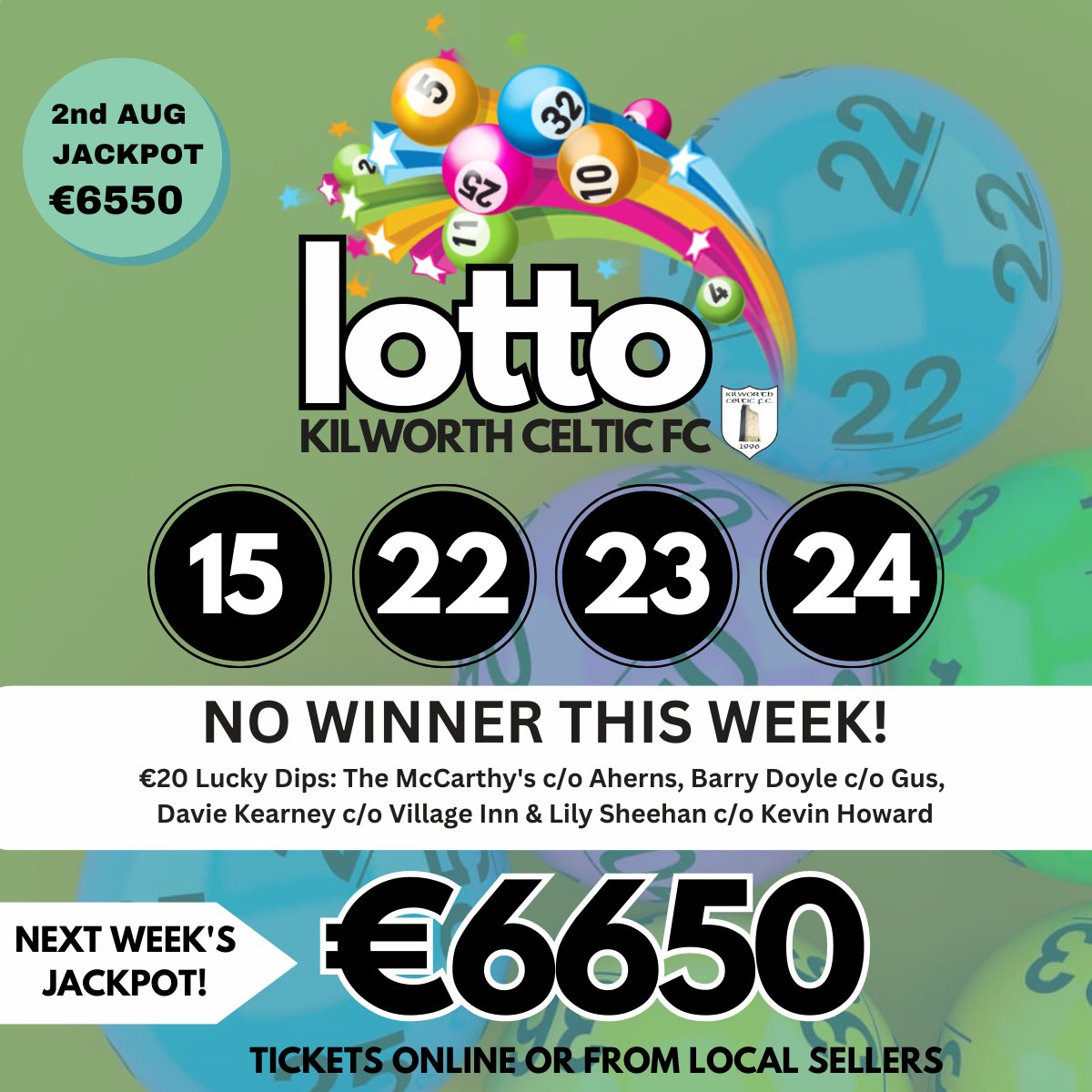 KilworthCeltic's tweet photo. KCFC LOTTO DRAW 02/08/23

Next week’s jackpot is €6650!!

Get your entries in for our next draw! Play online: https://t.co/tr72RRY9Rh on the Kilworth Celtic FC App KLUBAPP- download on Google Play and Apple Store. https://t.co/4MjeA86nMl