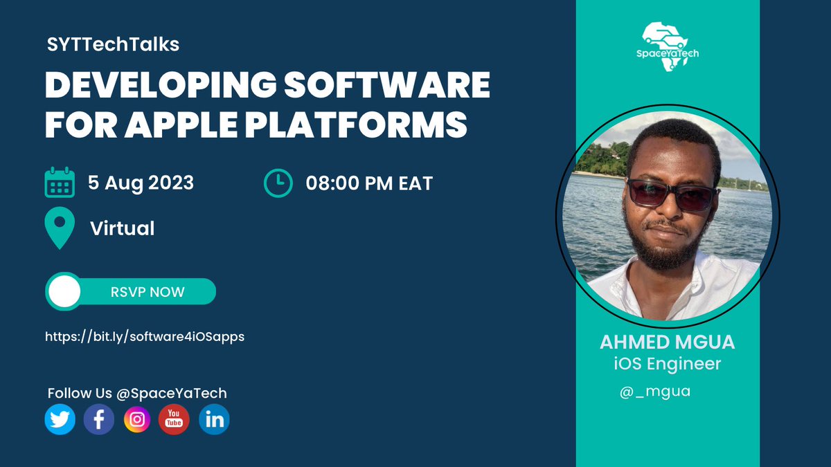 SpaceYaTech's tweet image. 🔔 Just a few hours left! ⏳
 #SYTTechTalks is happening tonight with the incredible iOS Engineer, @_Mgua, discussing &quot;Developing software for Apple platforms&quot; 🍎📱 
Don&apos;t miss out on this insightful session. RSVP: bit.ly/software4iOSap…
#iOSDevelopment #TechTalks #ApplePlatform
