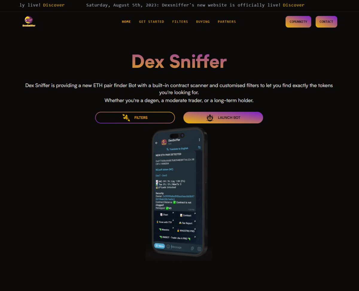 Dex_Sniffer's tweet photo. The newest update for the day
The new website is now live at https://t.co/oihXyfohVn.
https://t.co/ceLwxSMnDZ will now be our main domain.
Check out the website, and don't forget to leave feedback.
$DS #DexSniffer #DSBot #DexSnifferBot #EthBot https://t.co/Ab2vI0MMz3