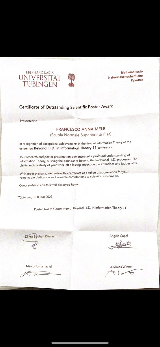 FrancescoMeleAn's tweet photo. Beyond IID 2023 was amazing! Many thanks to the organizers for making this possible. @angelaCapel
Extremely honored to have received the best poster award for my recent paper (https://t.co/Wz4XIfuQ2w)
#BIID #BeyondIID #BIID11 https://t.co/oeZA2I5pNn