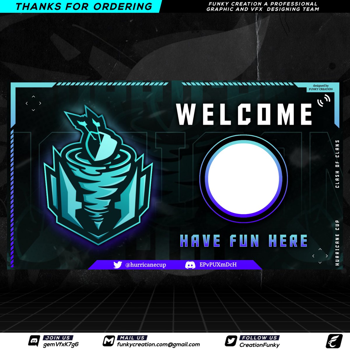 Thanks <a href="/HurricaneCup/">Hurricane Cup</a>  for ordering discord welcome banner from us. 
Work done by <a href="/IcyAlfred/">Icy Alfred</a> 
#discord #disocordbanner #banner #esports #gfx #GraphicDesign #poster