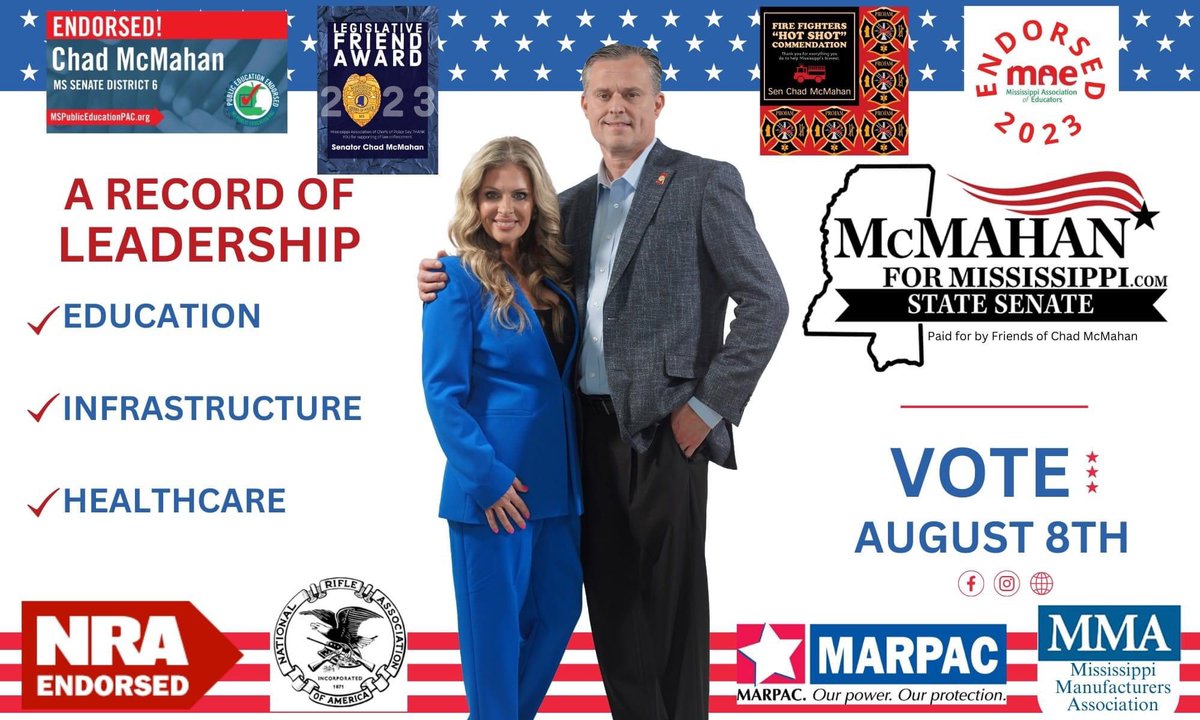 ✔️MS Right to Life
✔️MS Realtors Association
✔️MS Manufacturers Association
✔️National Rifle Association
✔️MS Association of Educators
✔️MS Public Education PAC
✔️MS Firefighters Association Hot Shot Commendation Award
✔️MS Police Chief’s Friend Award
✔️A rated with BIPEC