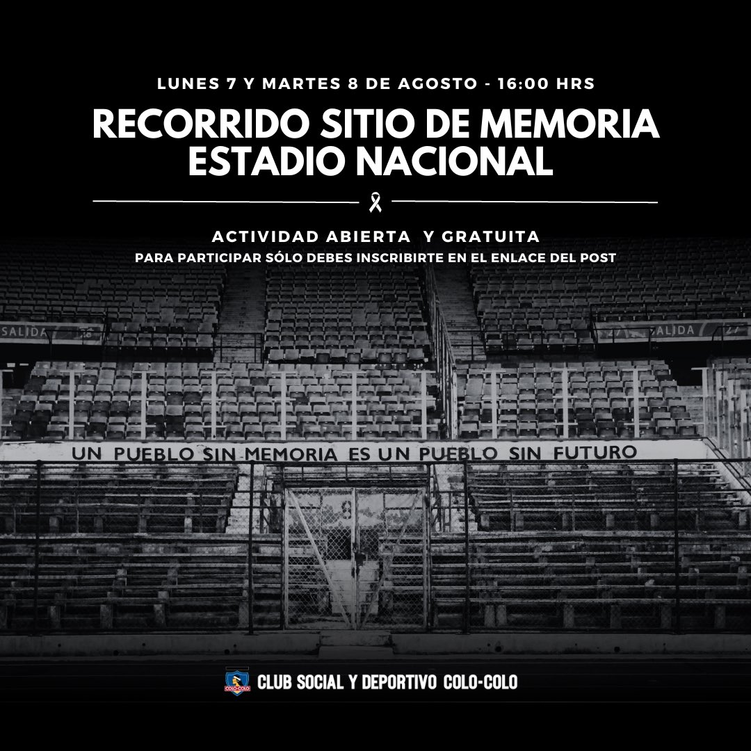 CSDColoColo's tweet photo. 𝐂𝐨𝐧𝐬𝐭𝐫𝐮𝐲𝐞𝐧𝐝𝐨 𝐧𝐮𝐞𝐬𝐭𝐫𝐚 𝐦𝐞𝐦𝐨𝐫𝐢𝐚 𝐡𝐢𝐬𝐭𝐨́𝐫𝐢𝐜𝐚 🙌🏽

Porque somos una institución comprometida con la defensa de los Derechos Humanos, la reconstitución y el fortalecimiento de la memoria, #A50años te invitamos a ser parte de un recorrido gratuito por el Sitio de Memoria del Estadio Nacional, recinto usado como campo de concentración por la dictadura cívico-militar de Chile en 1973. 🌹

📌 Para participar de la actividad inscríbete acá: https://t.co/Hae08y5L4v