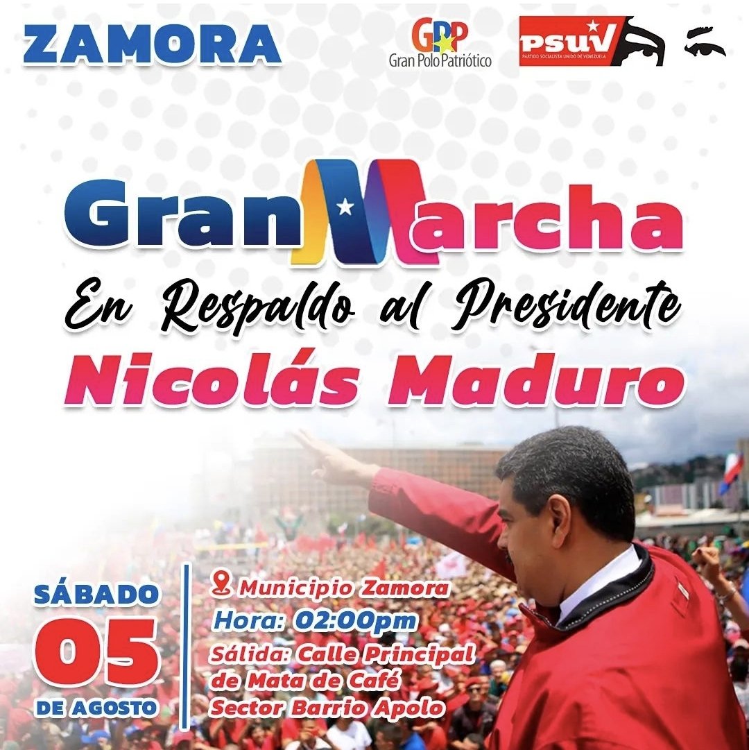 #5Ago
¡Pueblo en la Calle! hoy se Moviliza el pueblo de Zamora en apoyo a nuestro presidente <a href="/NicolasMaduro/">Nicolás Maduro</a> 
¡Unidad, Lucha, Batalla y Victoria!
#LasSancionesNoSonUnJuego 
<a href="/dcabellor/">Diosdado Cabello R</a> 
<a href="/PartidoPSUV/">PSUV</a> 
<a href="/Soykarinacarpio/">Karina Carpio</a>