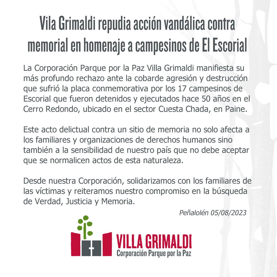 villa_grimaldi's tweet photo. El odio persiste en Paine. Memorial en homenaje a campesinos mascrados sufre acción vandálica. https://t.co/xa6laHKiT0