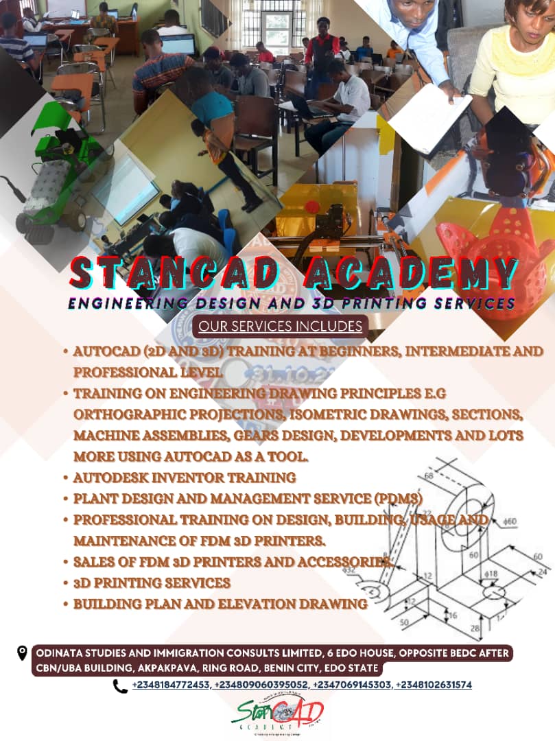 StanCAD_Int's tweet photo. New Venue Alert. 
StanCAD is now in the heart of Benin City; Akpapava, Ring road the business district of the Edo State. 

Training available both physically and virtually. 
Join us on 
Telegram: https://t.co/xFUYktxuG3 
WhatsApp: https://t.co/fX7djNqHAg
#StanCAD #AutoCAD https://t.co/DguebmcHBV