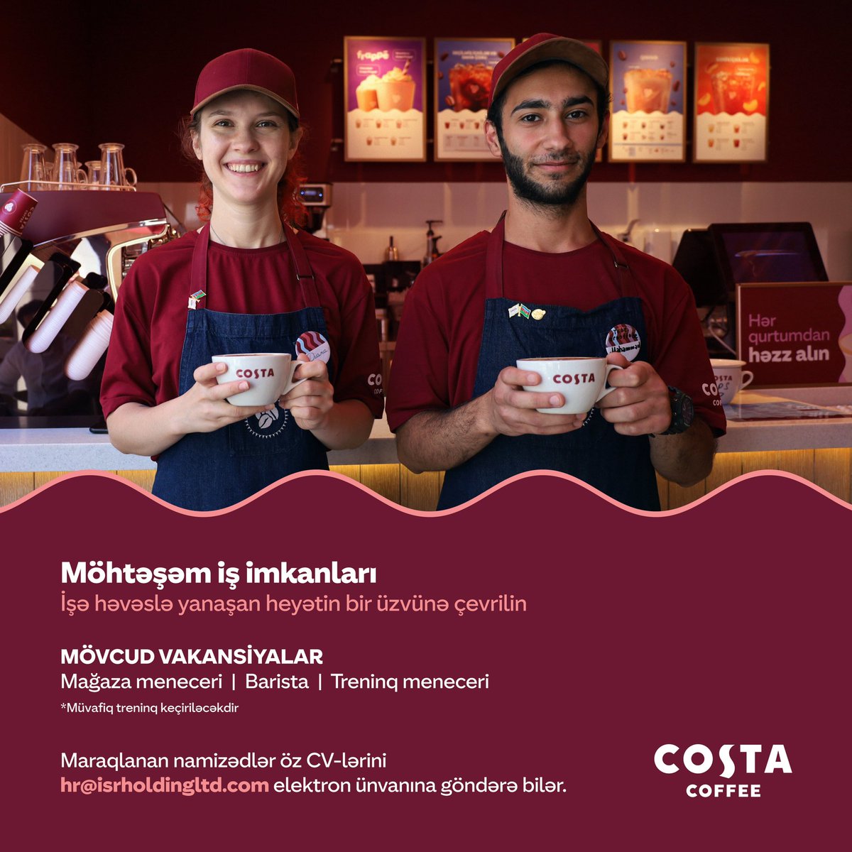 Costa_Coffee_Az's tweet photo. We’re hiring! ☕️🇦🇿

İşçi axtarırıq!☕️🇦🇿

Maraqlanan namizədlərin öz CV-lərini hr@isrholdingltd.com electron ünvanına göndərmələri xahiş olunur.

#CostaCoffeeAz https://t.co/jEJodO9LHd