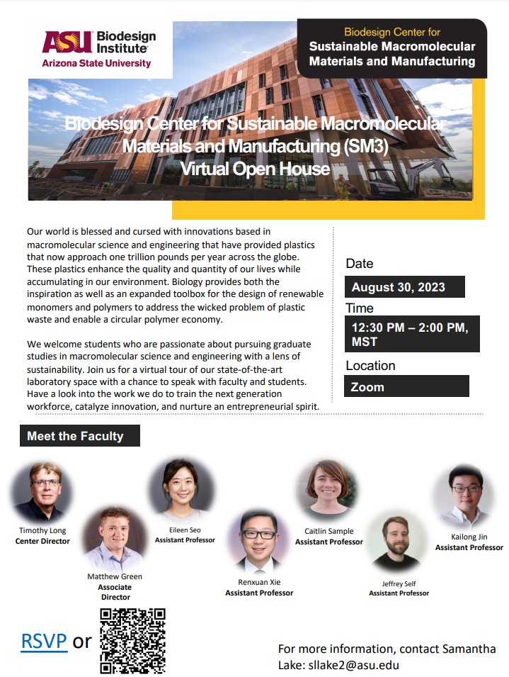 Center for Sustainable Macromolecular Materials (@sm3asu) on Twitter photo 📢Don't miss our virtual open house!
📅August 30th
⌚12:30 PM - 2:00 PM MST
For more information, contact Samantha Lake: sllake2@asu.edu 📢Don't miss our virtual open house!
📅August 30th
⌚12:30 PM - 2:00 PM MST
For more information, contact Samantha Lake: sllake2@asu.edu