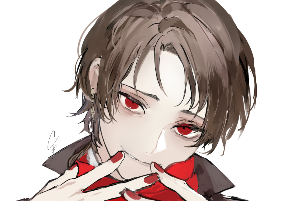 kashuu kiyomitsu male focus 1boy red eyes brown hair red nails solo jewelry  illustration images