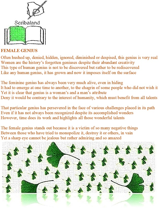 scribaland's tweet image. #Scribaland FEMALE GENIUS
A human genius like any other and so unrecognized!#lyrique #lyriques #maitre #maitres #maitresse #maitresses #maisondedition #art #maisonsdedition #manuel #manuels #manuscrit #manuscrits #maternelle #maternelles #matiere #matieres #memoire #memoires #mot