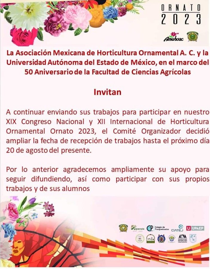 AMEHOAC's tweet photo. 📣📣📣ATENCIÓN!!📣📣📣

Se extiende la fecha para recepción de trabajos para participar en el XIX CN 🏵🌷 y XII IHO 🌸🌻

No te quedes fuera de este gran evento donde estaremos celebrando el 50 aniversario de la Facultad de Ciencias Agrícolas de la @UAEM_MX 🥳 https://t.co/p4oiFMgBNl