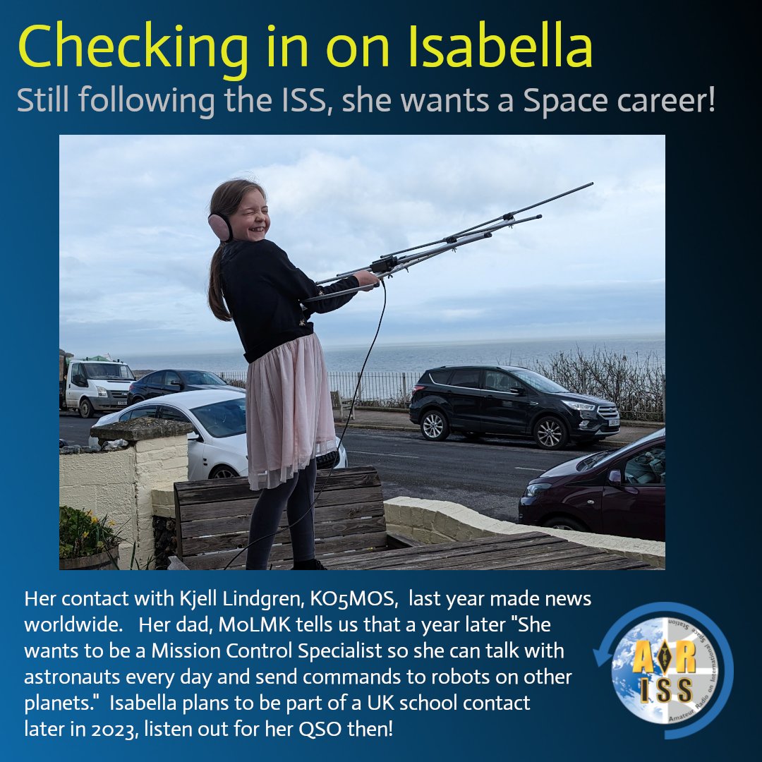 ARISS_Intl's tweet photo. Remember Isabella?  The 8 year old made news thanks to a #HamRadio contact with @astro_kjell aboard the ISS last year. 

Well she is still interested in radio and is dreaming of a career in the space industry!

The graphic below has all the latest thanks to her dad @m0lmk. https://t.co/bML6GImEDT