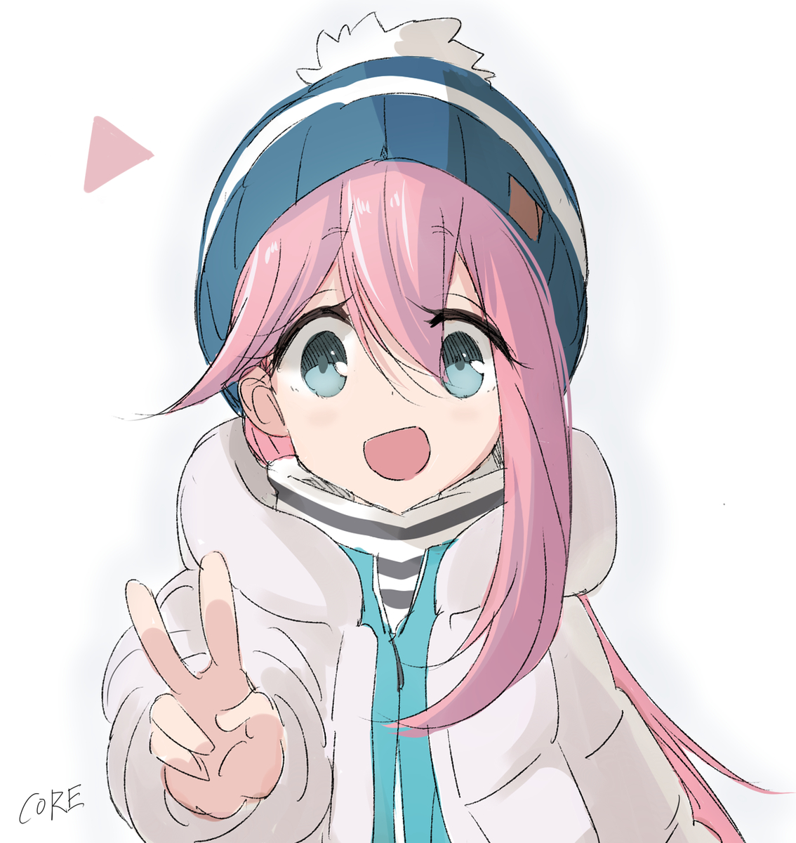 kagamihara nadeshiko 1girl solo pink hair white background hat smile v  illustration images