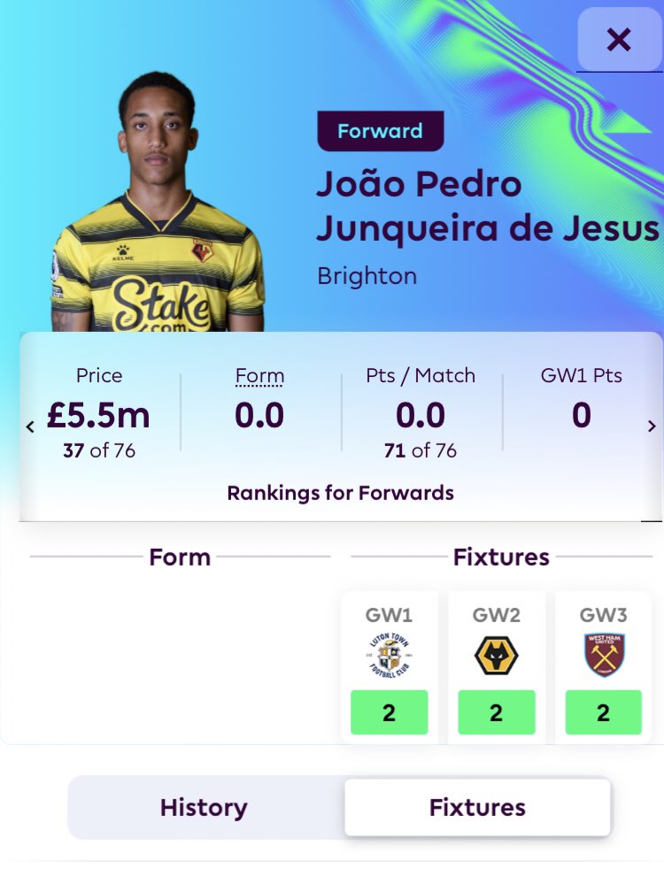 BloccFPL's tweet photo. Joao Pedro GW1-3 (high upside)
Carlton Morris GW4-10 (straight cash)
#FPL https://t.co/EirlOo1Wq3