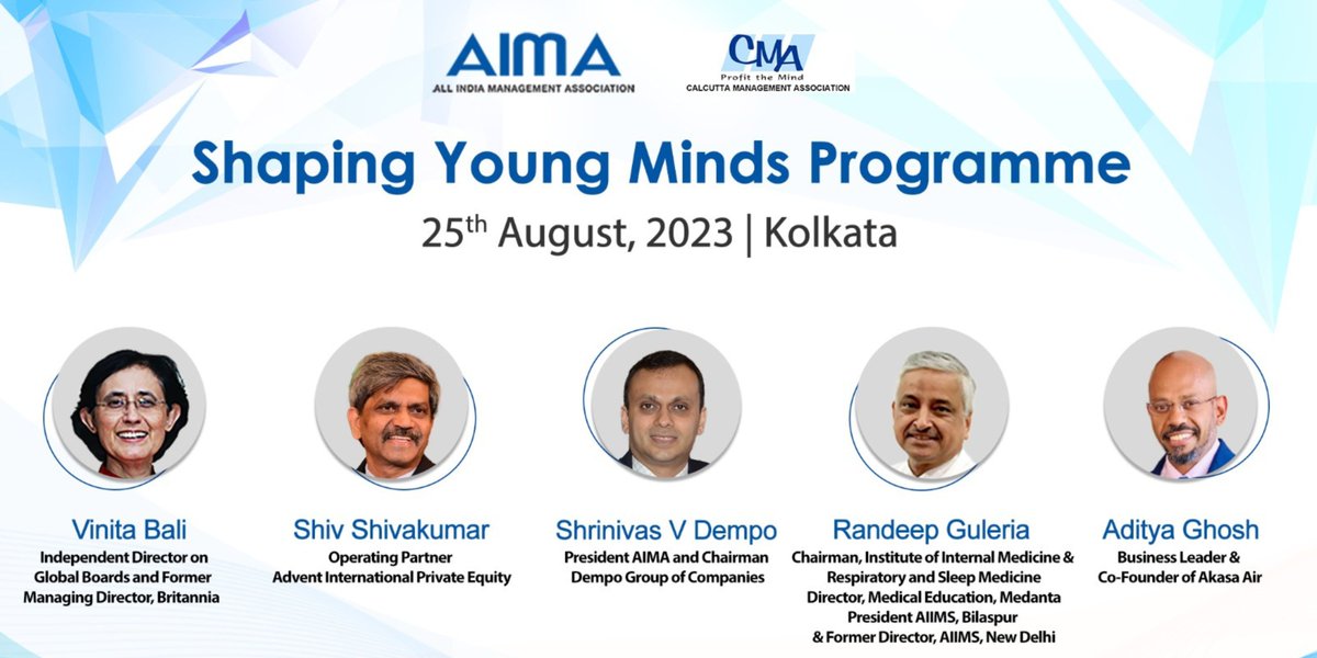 AIMA Shaping Young Minds Programme, 2023 at IIM Calcutta Auditorium on August 25, 2023. Register now to avail early bird discount: forms.gle/X7xurBcv7Z1qxN…
