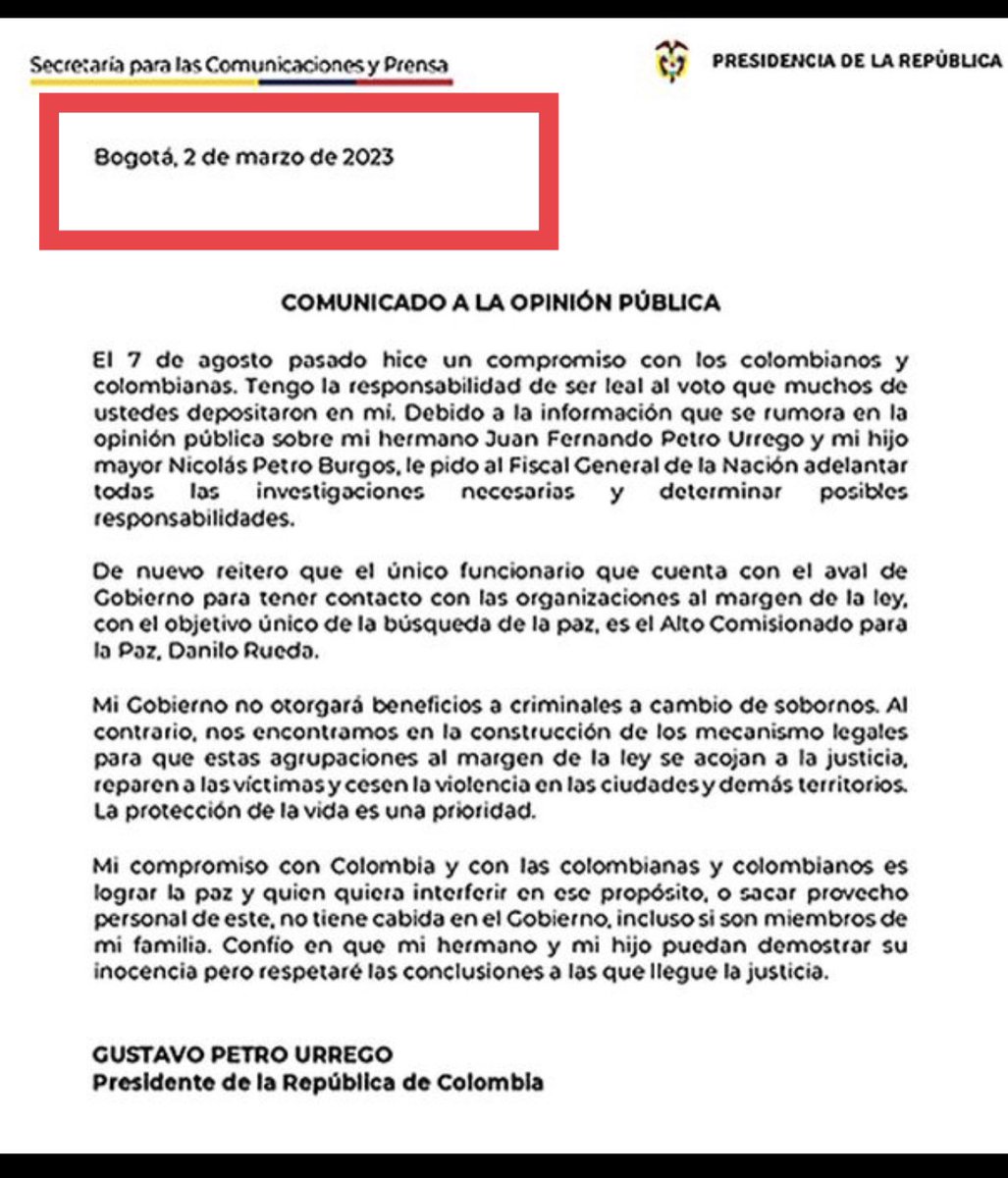 ANIABELLO_R's tweet photo. @petrogustavo Señor presidente, Day Vásquez se reunió con usted el 1 de febrero y usted emitió el comunicado el 2 de marzo (fecha en la que @RevistaSemana publicó la entrevista con ella).

Usted da a entender que hizo la solicitud de investigación cuando se reunió con ella y eso es falso. https://t.co/cPvJ9fQRVA